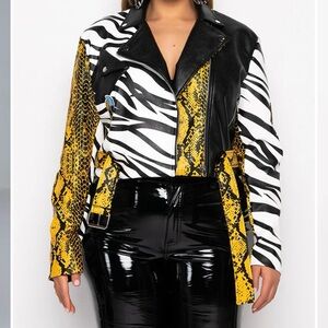 AZALEA WANG Sz XL MISUNDERSTOOD Colorful SKULL SNAKE ZEBRA CROP MOTO JACKET